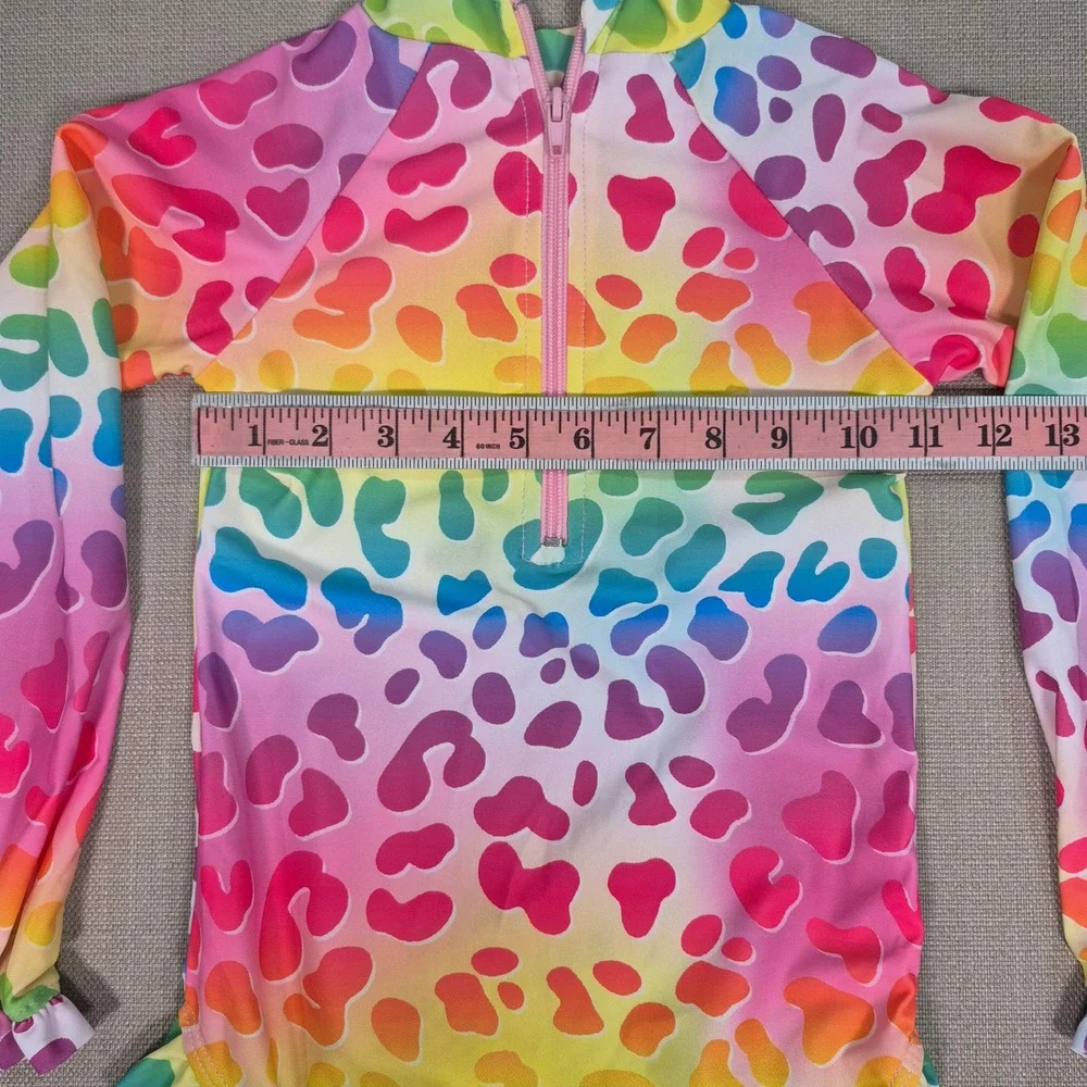 Girls Rainbow Leopard Long Sleeve Rash Guard Swimsuit Size 130